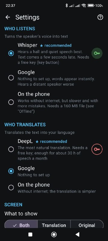 Tytry speech recognition and translation settings
